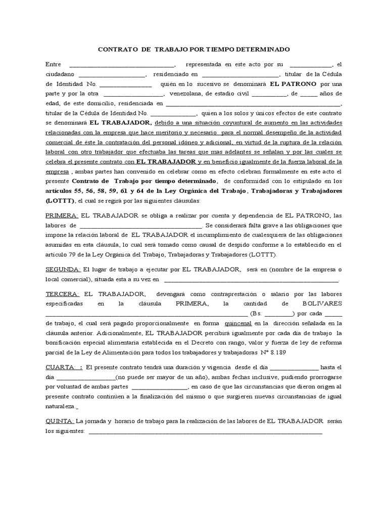 Contrato de Trabajo Por Tiempo Determinado LOTTT (Modelo) | PDF | Salario  de emisión de contrato