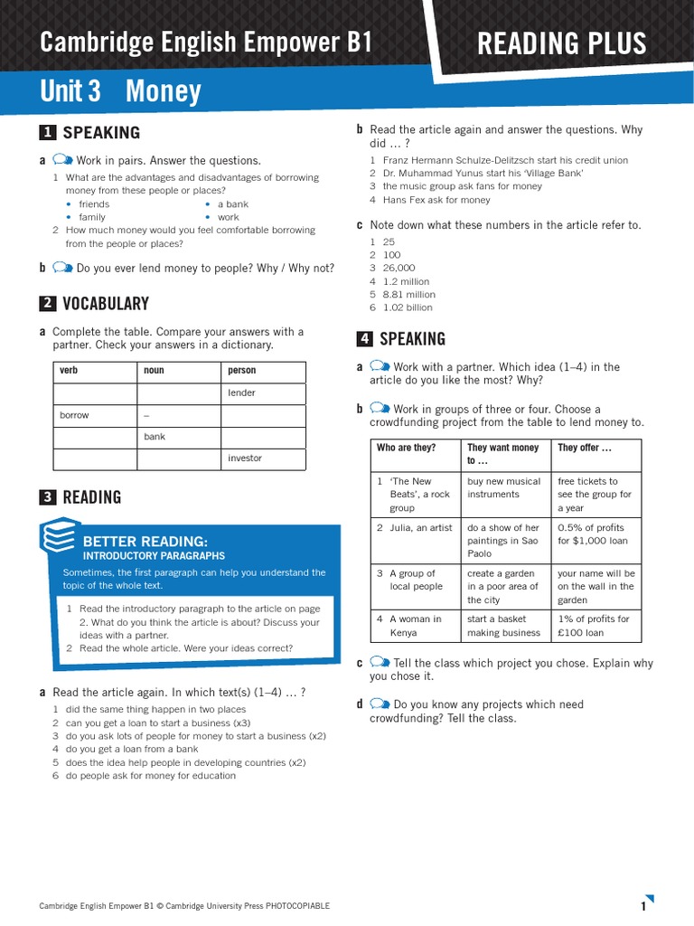 Cambridge English Empower Empower B1 Reading Plus U03 Worksheet | PDF ...