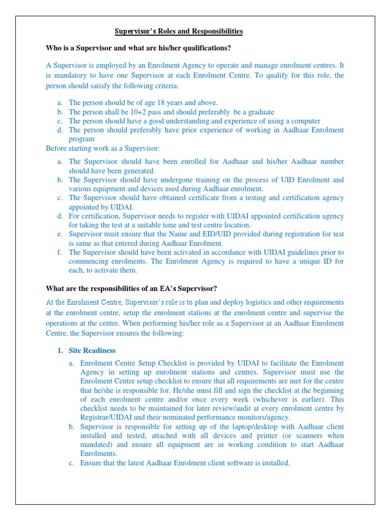 Supervisor Roles and Responsibilities 2.0 Faq PDF Backup Biometrics
