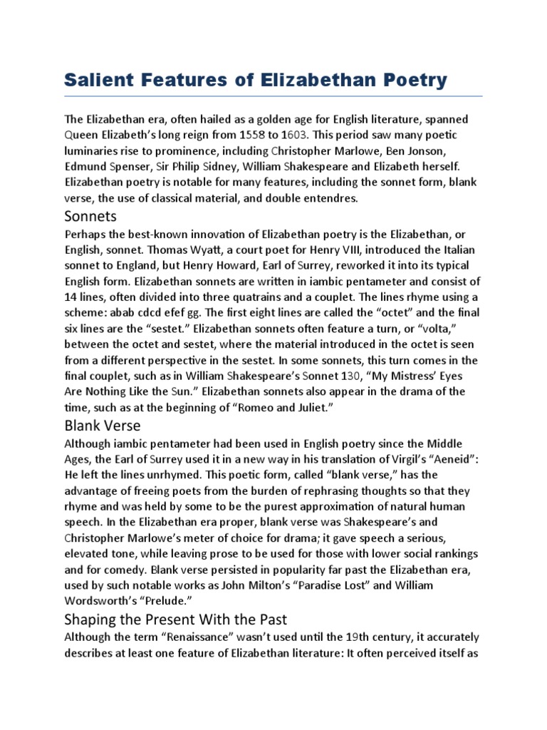 Salient Features of Elizabethan Poetry PDF Poetics