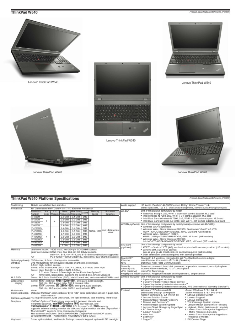 Lenovo ThinkPad W540 Specs Overview | PDF | Solid State Drive | Usb