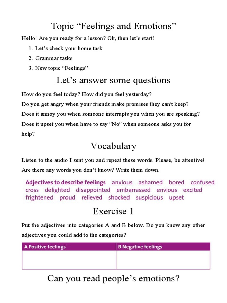 Feelings and Emotions Lesson Plan | PDF | Language Arts & Discipline