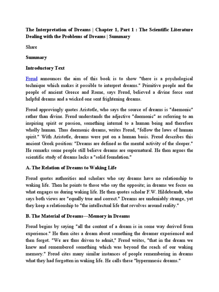 The Interpretation of Dreams Summary PDF Dream Dream Interpretation
