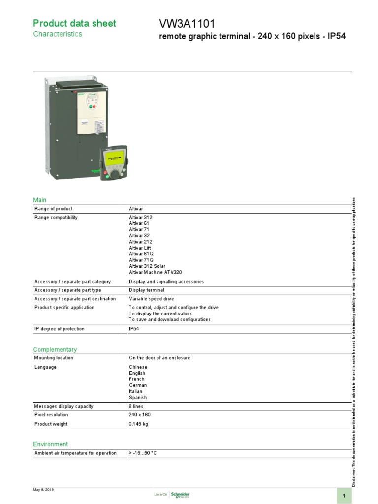 Product Data Sheet: Remote Graphic Terminal - 240 X 160 Pixels - IP54 | PDF