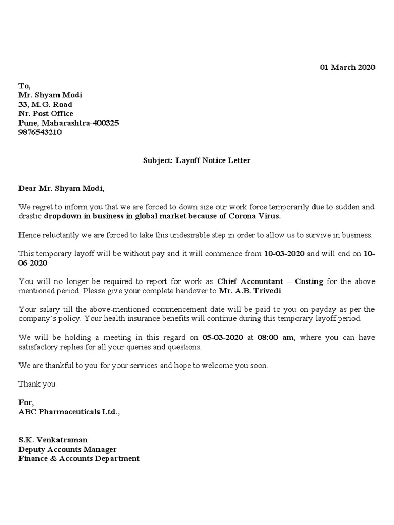 Temporary Layoff Notice Letter Due To Pandemic | PDF | Finance & Money ...
