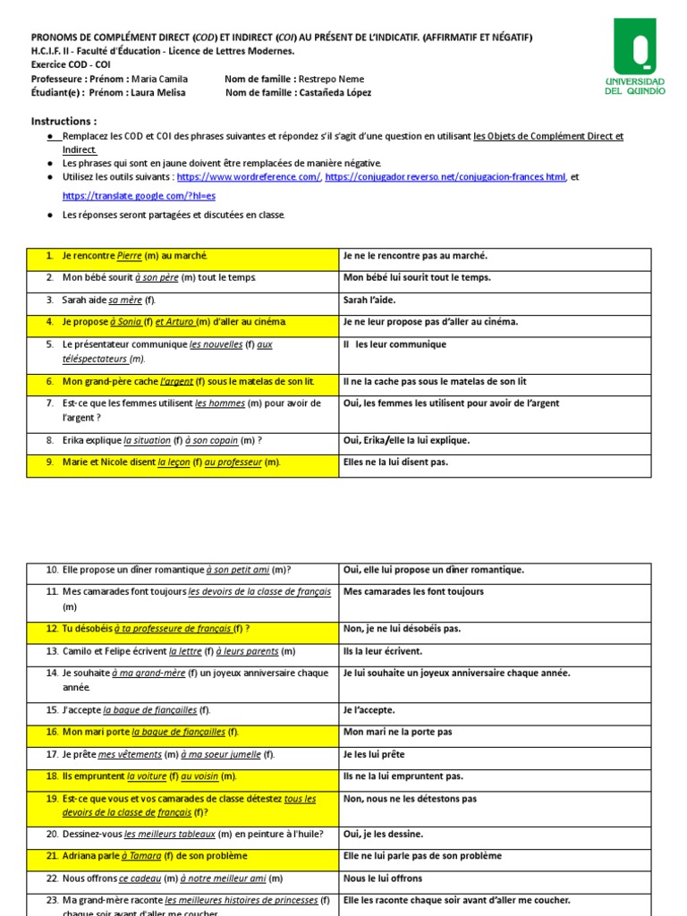 50 Phrases Pronoms Cod Et Coi Pdf Complement D Objet Echecs