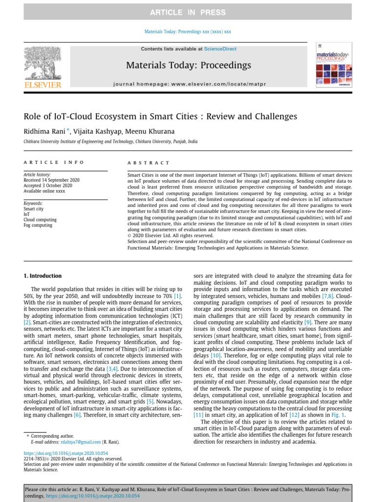 Role of IoT-Cloud Ecosystem in Smart Cities Review and Challenges | PDF ...