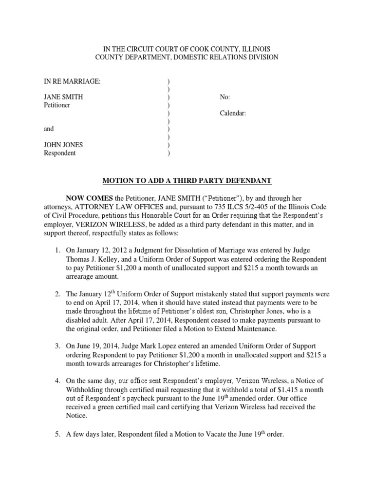 Writing Sample - Motion To Add Third Party Defendant | PDF | Courts |  Common Law
