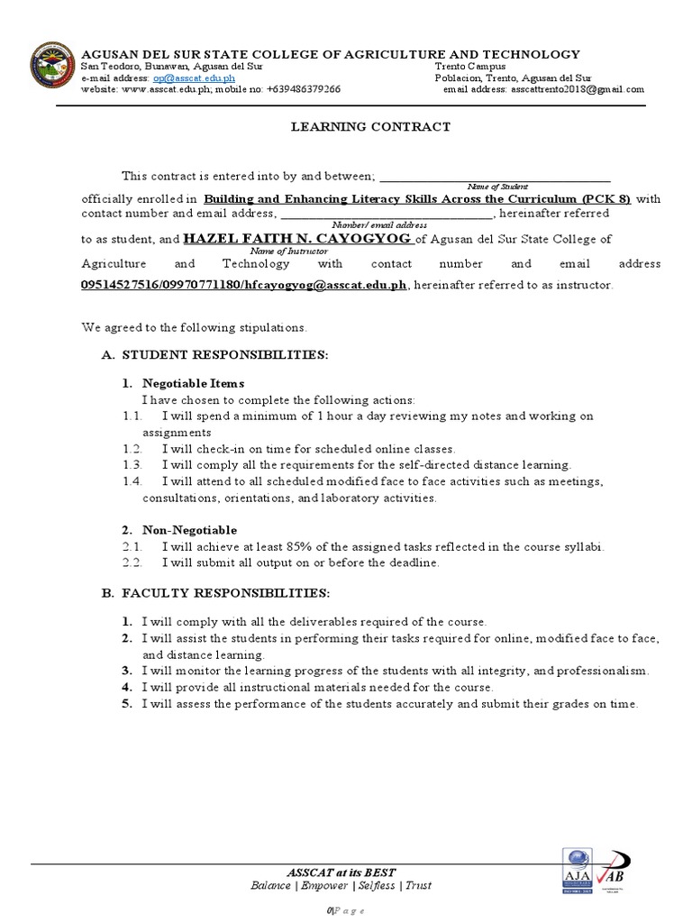 Learning Contract for PCK 8 Course | PDF | Distance Education | Human ...