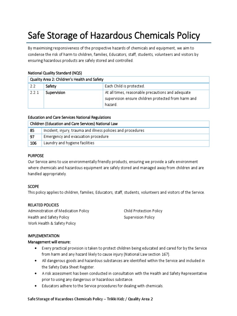 Safe Storage of Hazardous Chemicals Policy | PDF | Dangerous Goods ...
