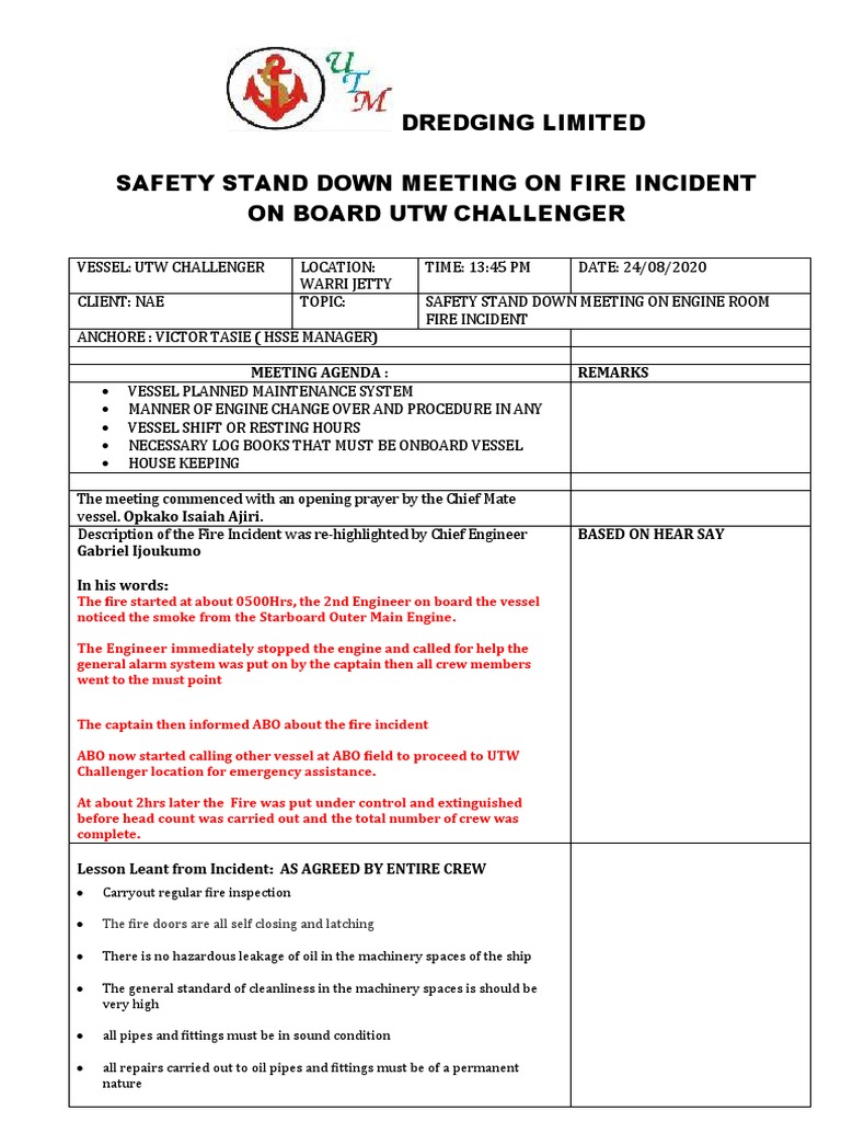 Dredging Limited Safety Stand Down Meeting On Fire Incident On Board