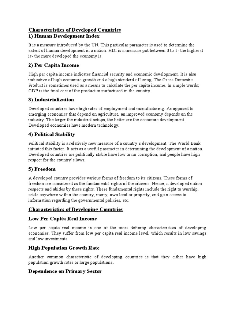 Characteristics of Developed vs Developing Countries | PDF | Developing ...