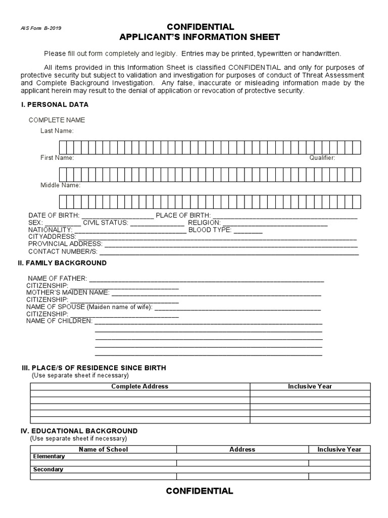 Applicant Information Sheet - Form B | PDF | Background Check | Justice