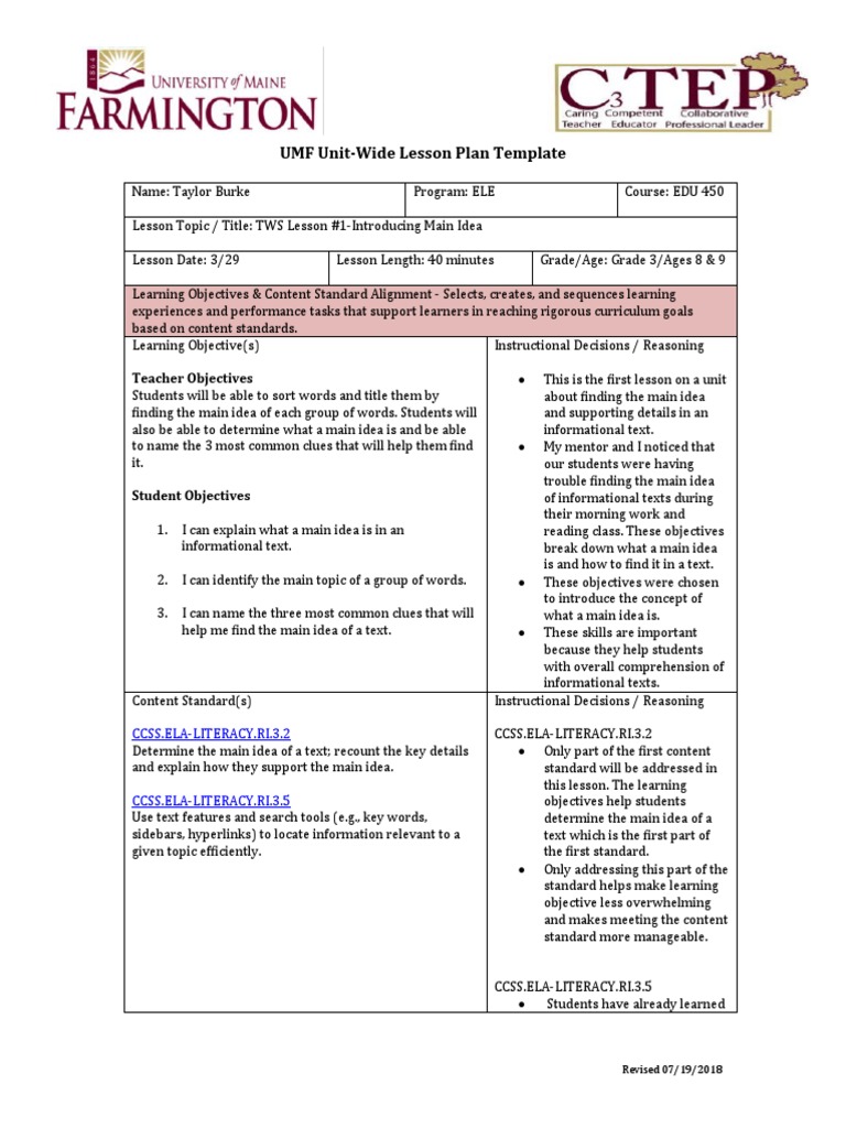 Grade 3 Main Idea Lesson Plan | PDF | Reading Comprehension ...