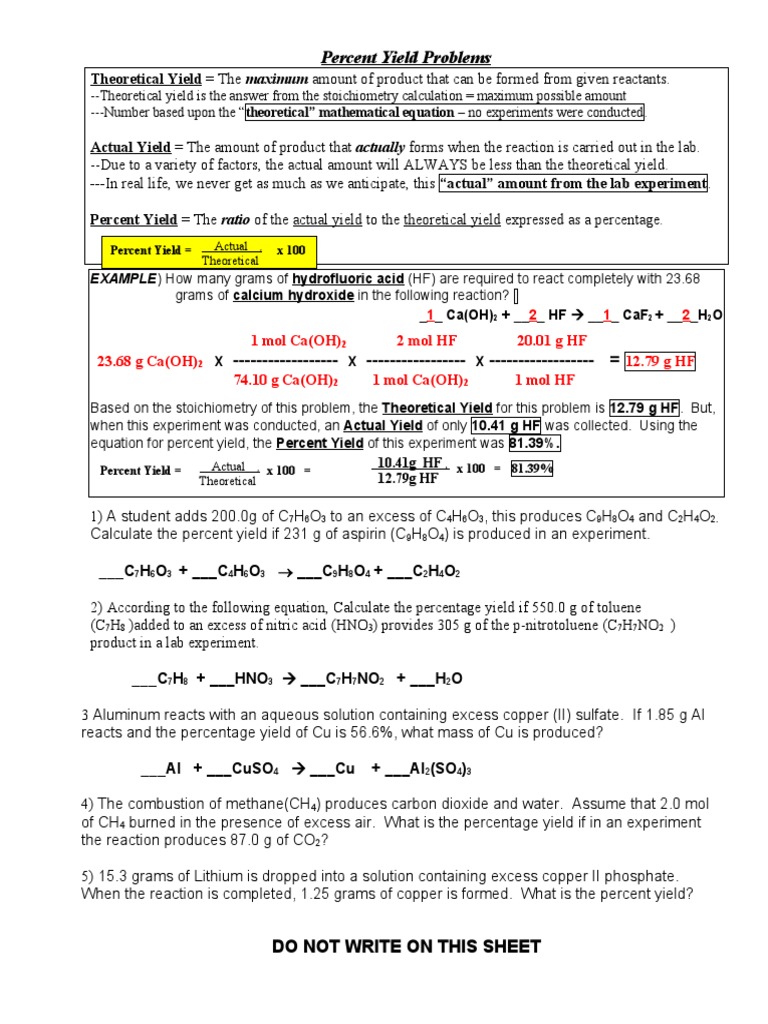 Study Guide Percent Yield WS 2 2021 | PDF | Stoichiometry 