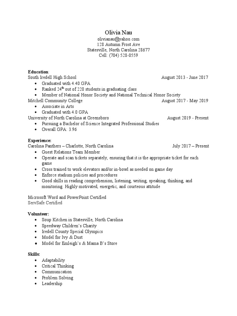 Olivia Nau's Resume and Qualifications | PDF