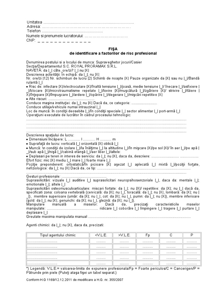 Fisa de Identificare A Factorilor de Risc Profesional | PDF