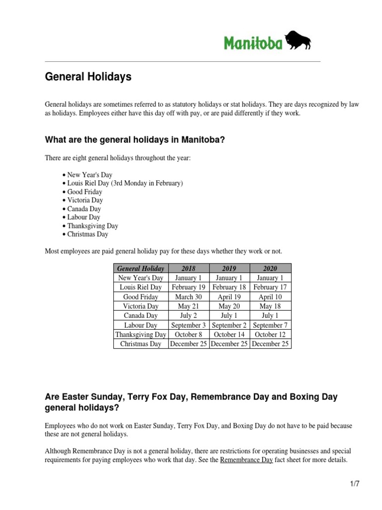 What Are The General Holidays in Manitoba? PDF Overtime Employment