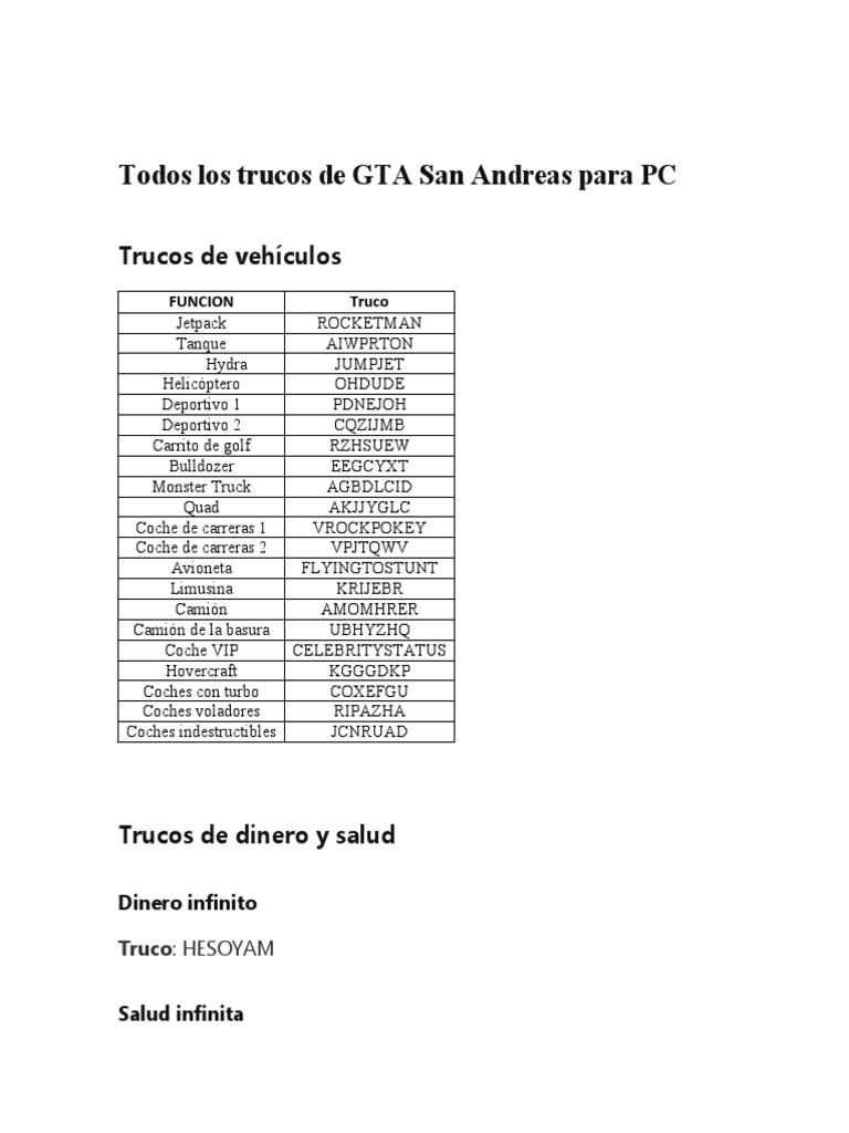 Trucos de GTA San Andreas para PC | PDF | Vehículos | Ocio