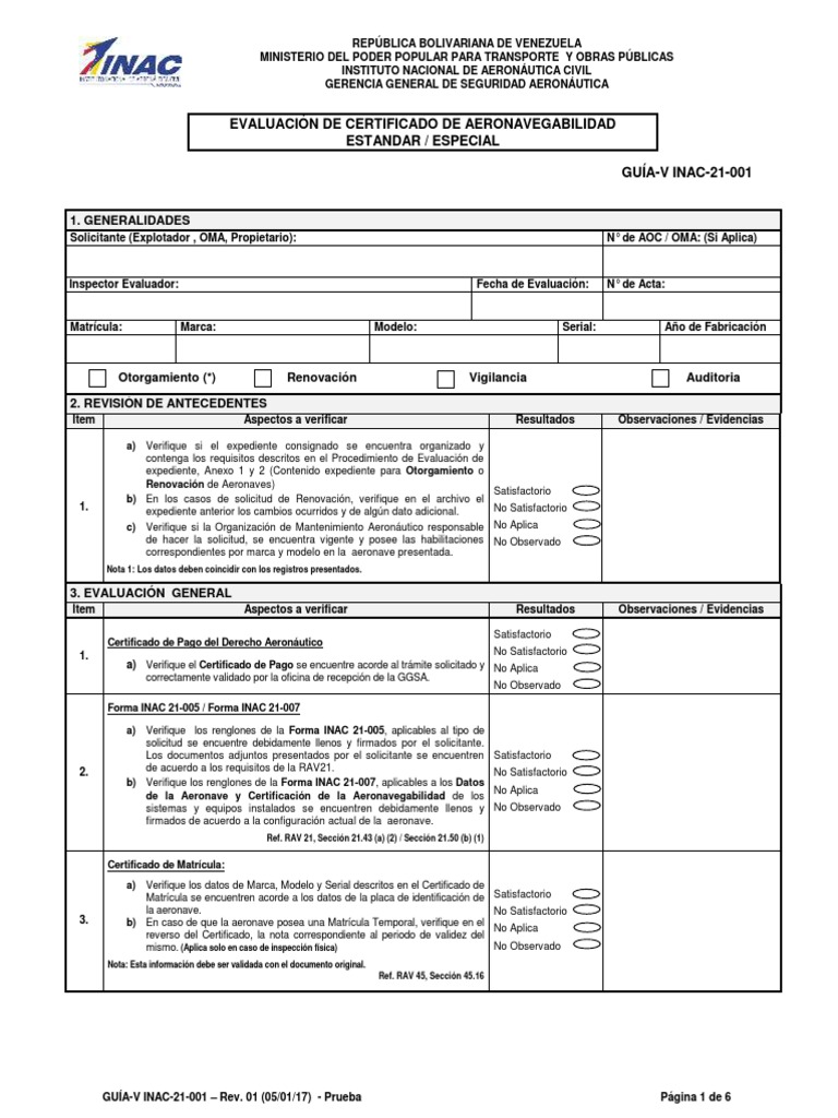 Evaluación de Aeronavegabilidad INAC | PDF | Aeronave | Póliza de seguros