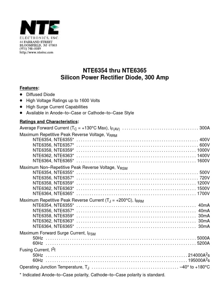 NTE6354 Thru NTE6365 Silicon Power Rectifier Diode, 300 Amp Features