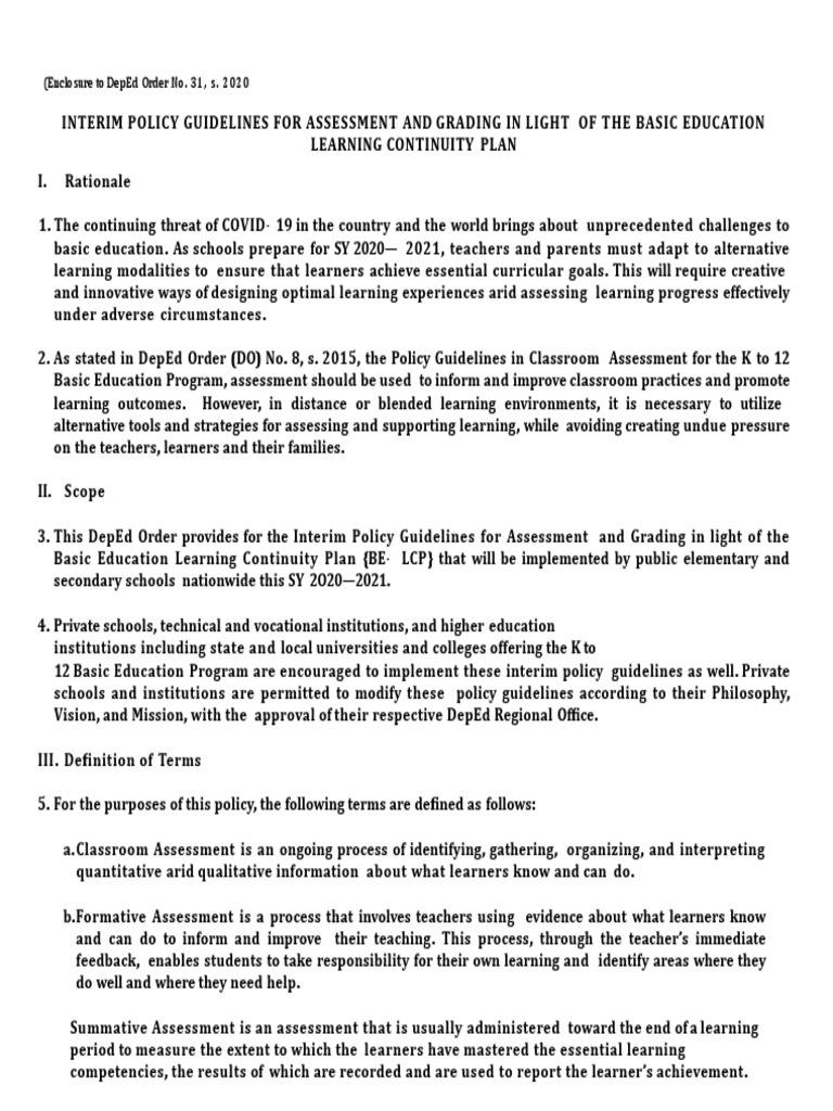 DepEd Order No. 31, s.2020 | PDF | Educational Assessment | Rubric  (Academic)