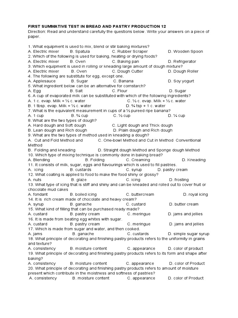 First Summative Test in Bread and Pastry Production 12 PDF Dough