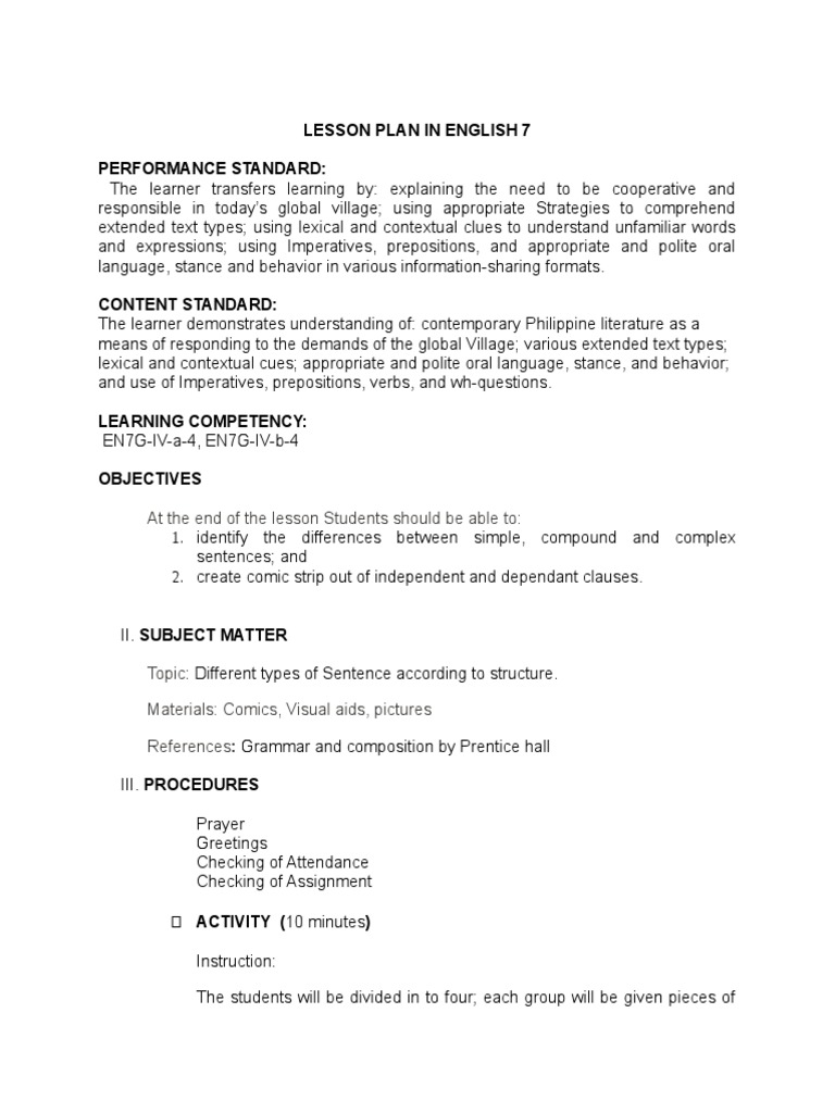 Lesson Plan (Different Types of Sentence According To Structure.) | PDF ...
