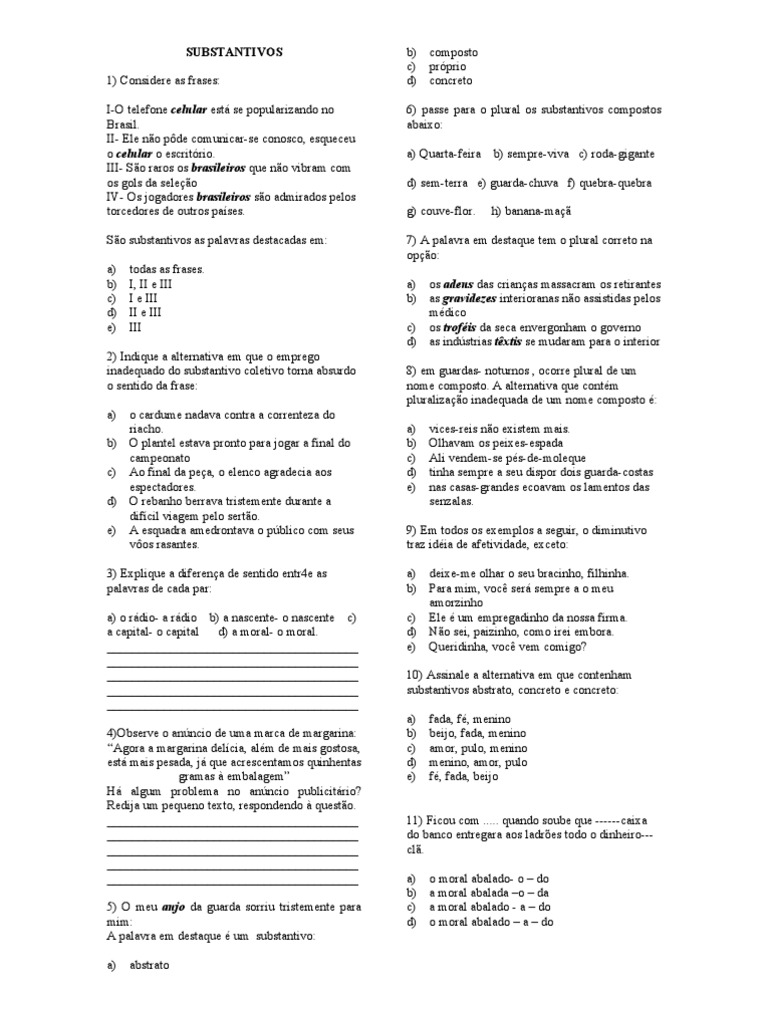 Exercícios sobre Substantivos e Plurais | PDF