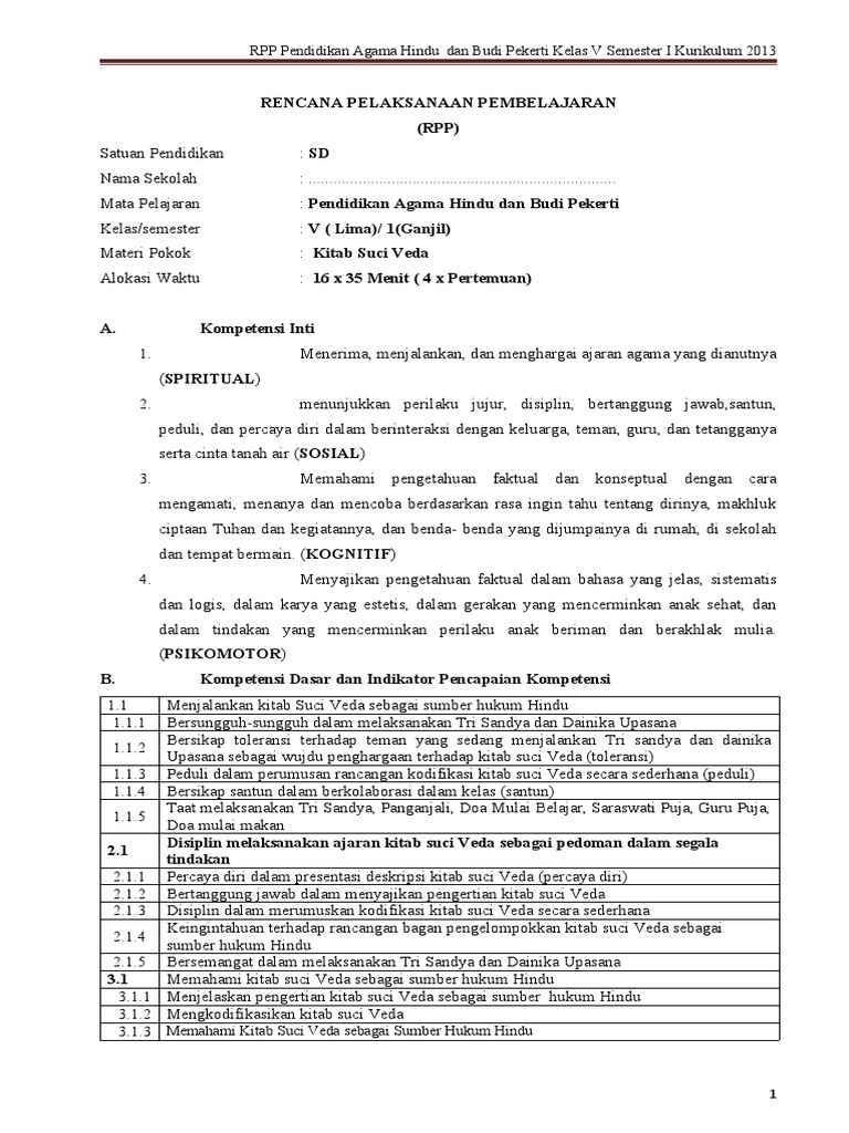 RPP Pendidikan Agama Hindu Kelas V | PDF