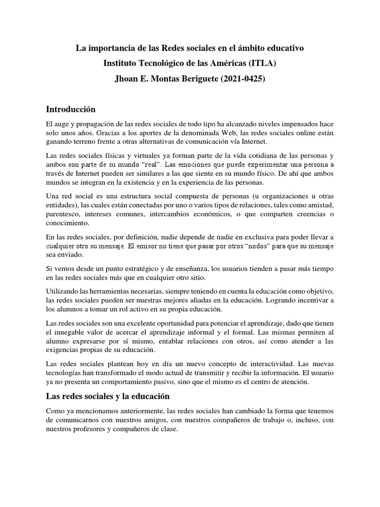 La Importancia de Las Redes Sociales en El Ámbito Educativo | PDF ...