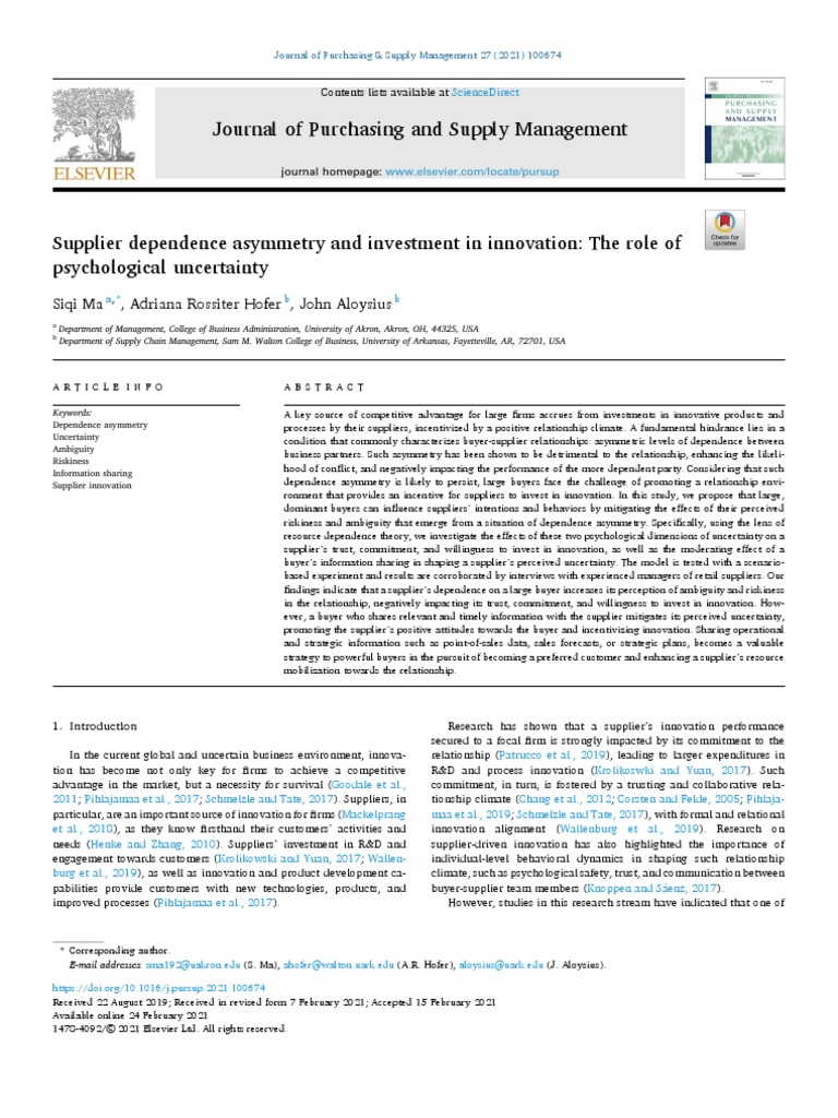 Supplier Dependence Asymmetry and Investment in I 2021 Journal of