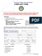 Complaint Form: Nevada Secretary of State, Securities Division