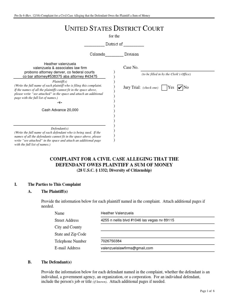 Complaint for Money Owed in Civil Case | PDF | Amount In Controversy ...