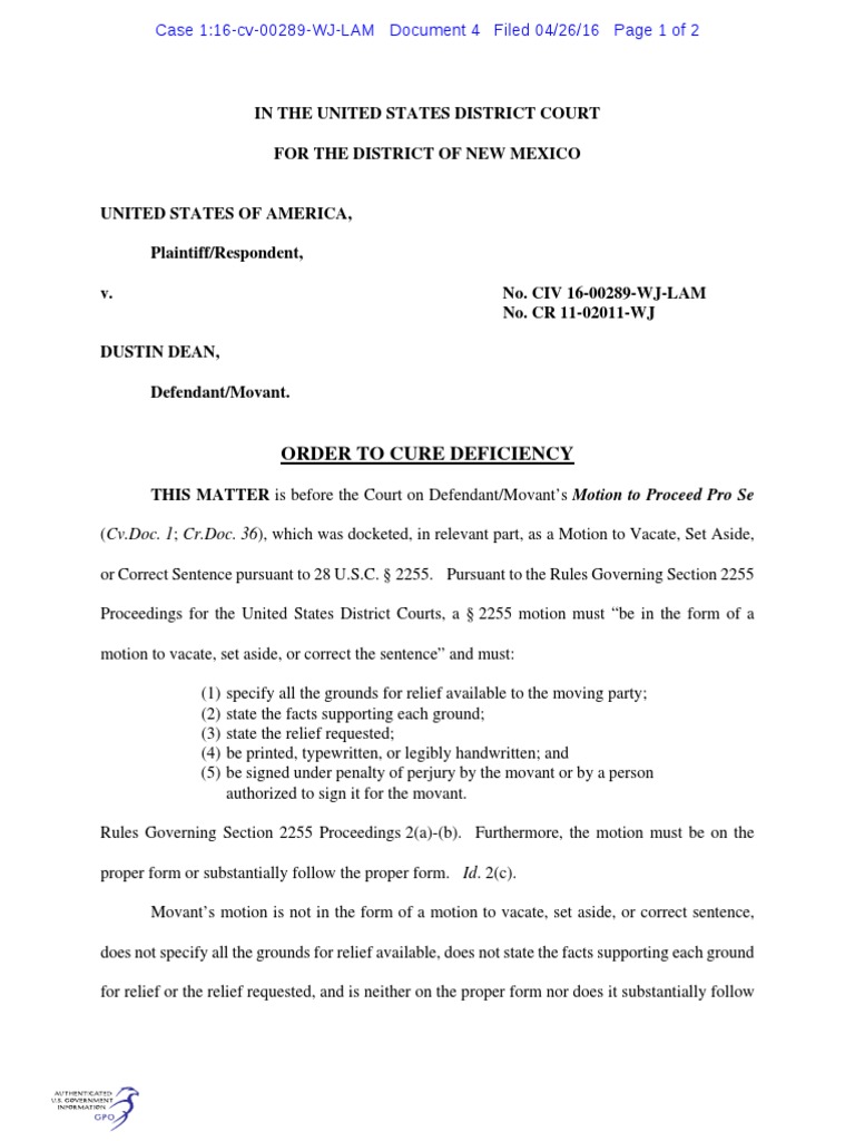 Order to Cure § 2255 Motion Deficiencies | PDF | United States District ...
