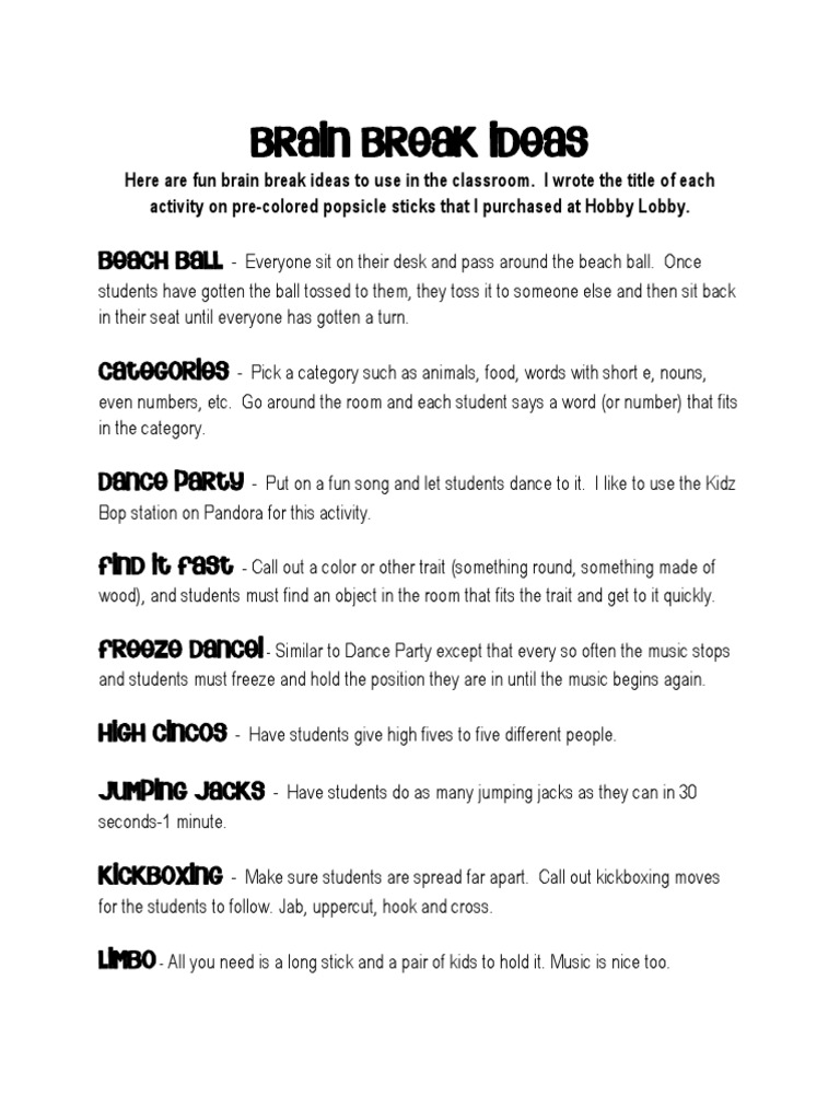 Brain Breaks For Elementary Students | PDF | Entertainment (General)
