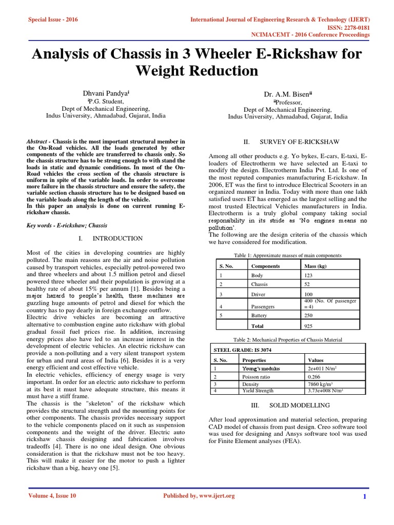 Analysis of Chassis Weight Reduction in ERickshaws PDF Finite