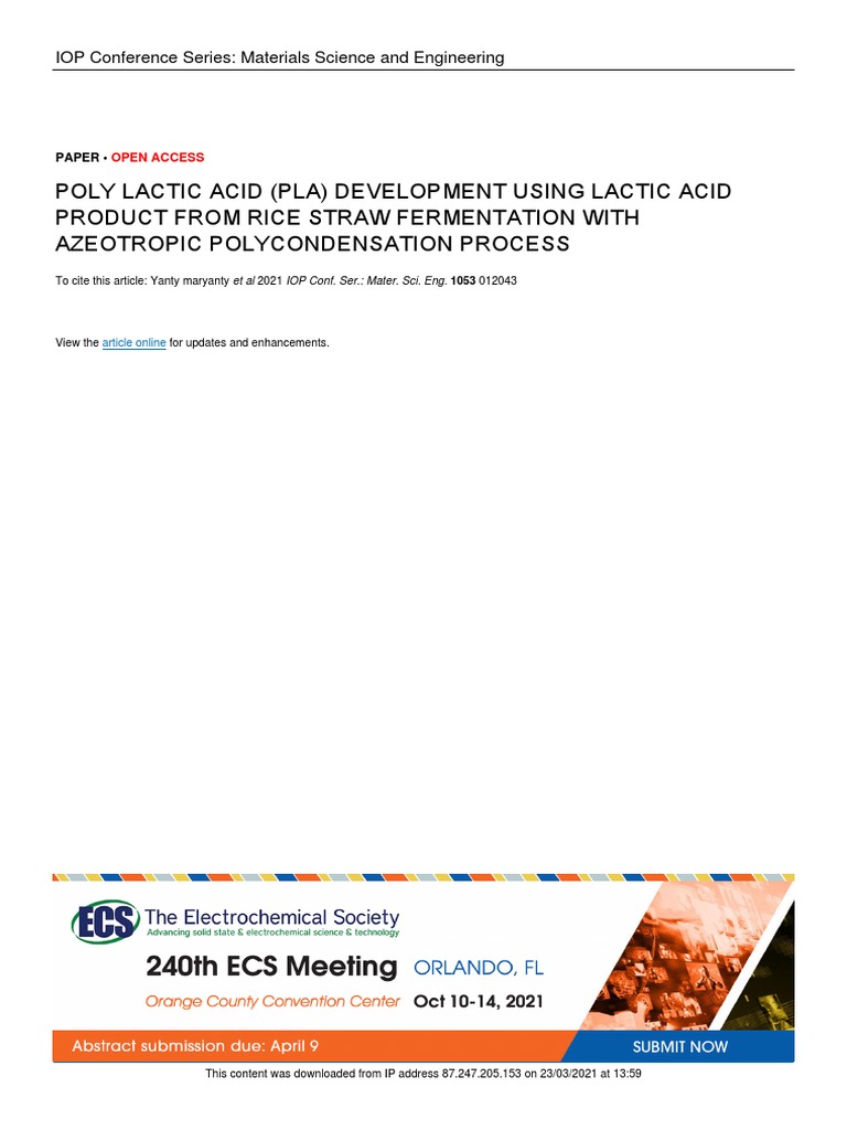 PLA from Rice Straw Fermentation | PDF | Lactic Acid | Polymers