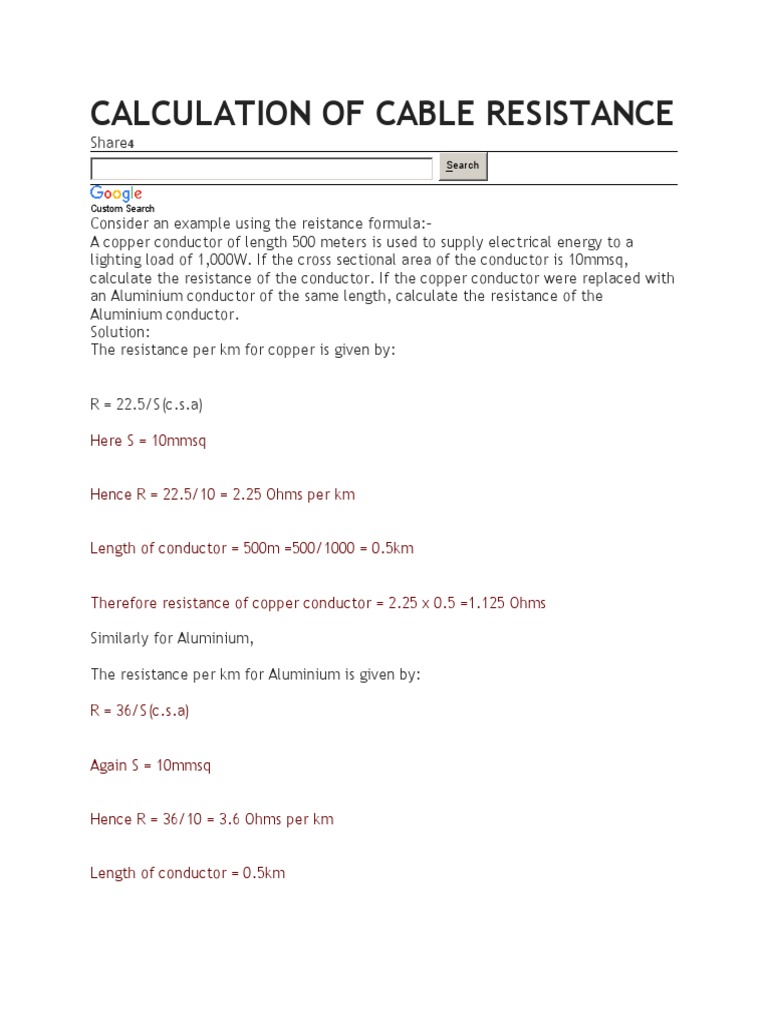 Cable Resistance Calculation Example | PDF | Technology & Engineering