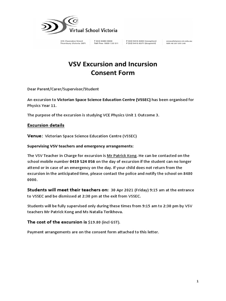 Excursion Parent Consent Form - 2021 VSSEC | PDF | Epinephrine ...