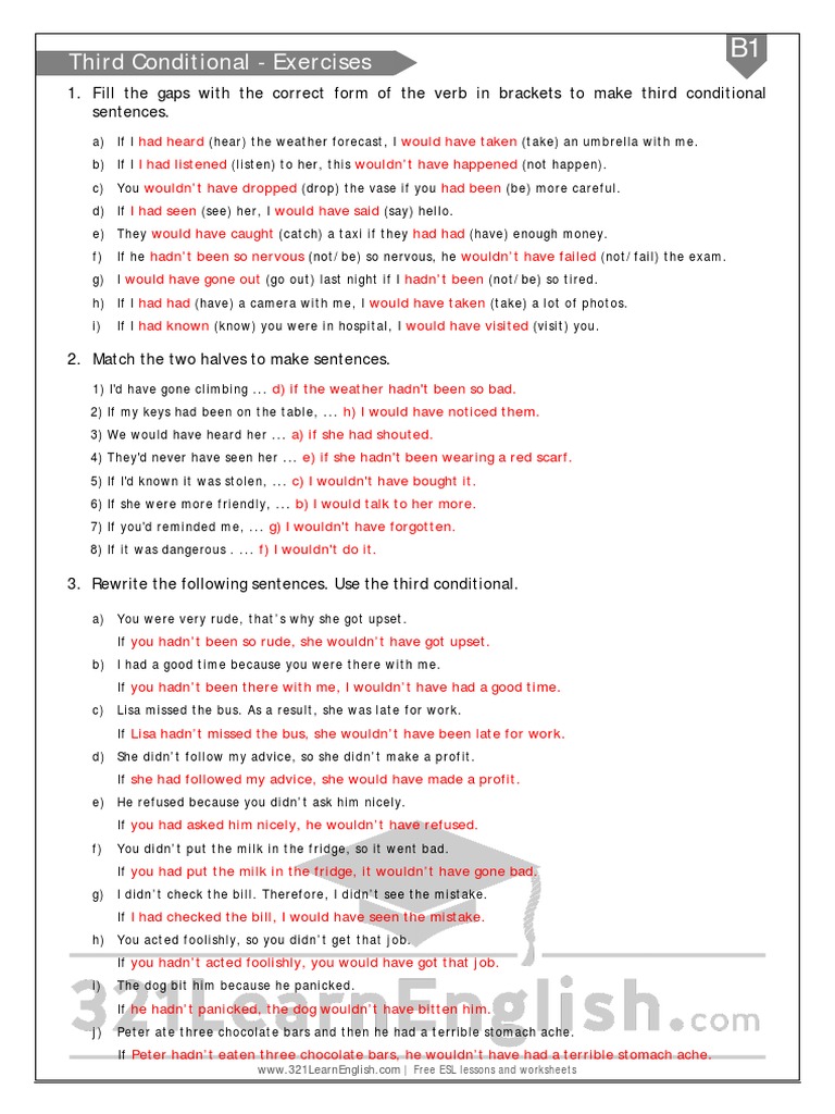 Third Conditional Exercises Key | PDF