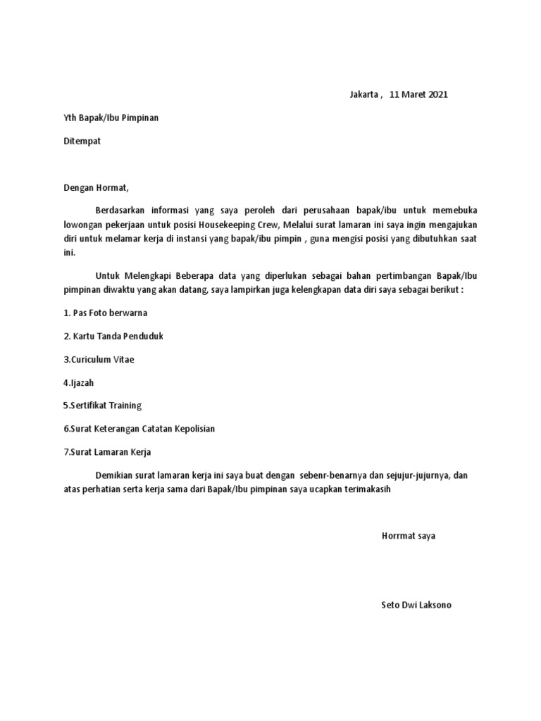 Download 93+ Contoh Surat Lamaran Kerja Housekeeping Terbaru Gratis