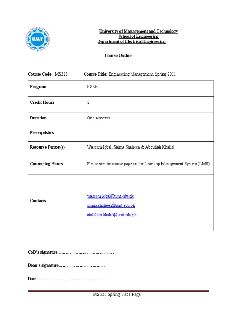 MS323 Engineering Management Course Outline OBE Spring 2021 | PDF ...