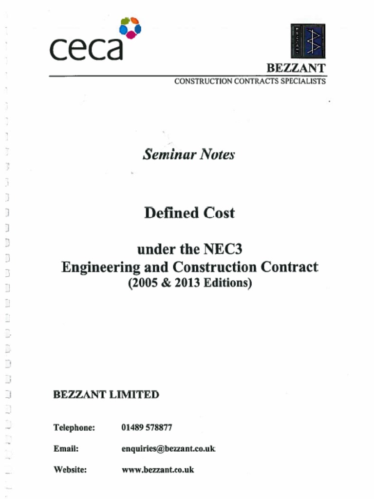 CECA Defined Cost Under NEC3 ECC Seminar Notes PDF