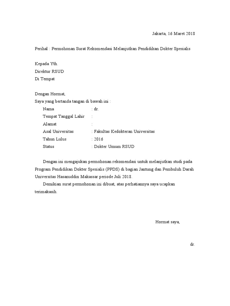 Surat Permohonan Rekomendasi Direktur Rs Pdf