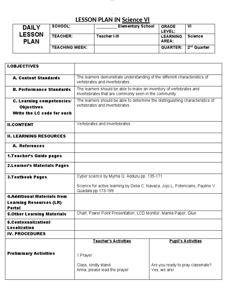 Lesson Plan in Science 6 Vertebrates and Invertebrates | PDF