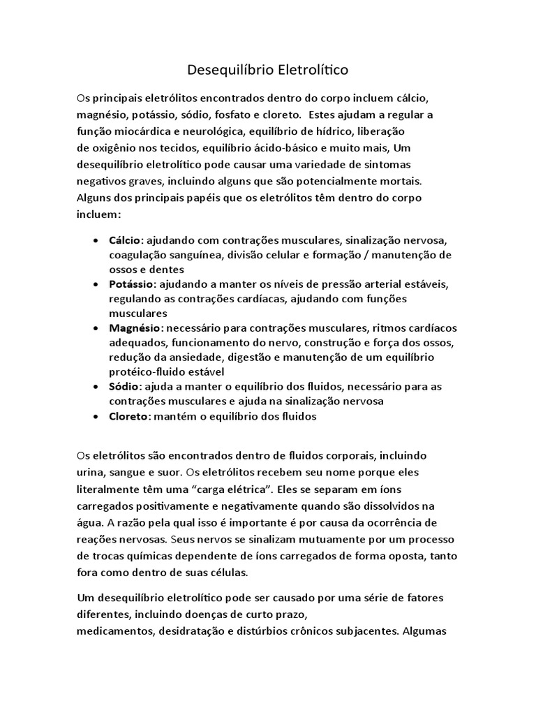 Sintomas e Causas do Desequilíbrio Eletrolítico | PDF | Músculo | Sangue