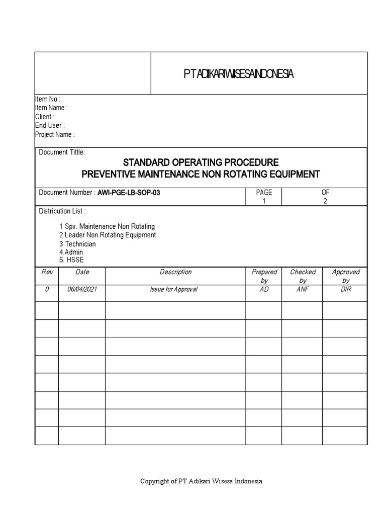 AWI-PGE-LB-SOP-03 Preventive Maintenance Non Rotating | PDF