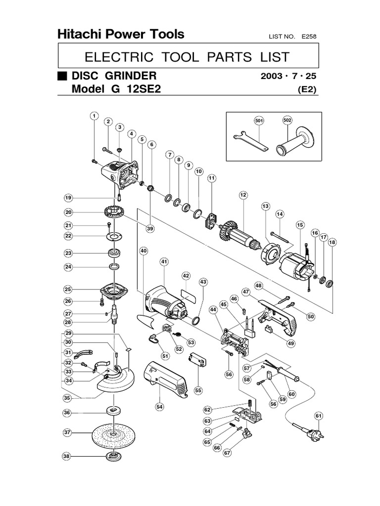 Parts List and Exploded Diagram for Hitachi Power Tools Disc Grinder Model G 12SE2 PDF