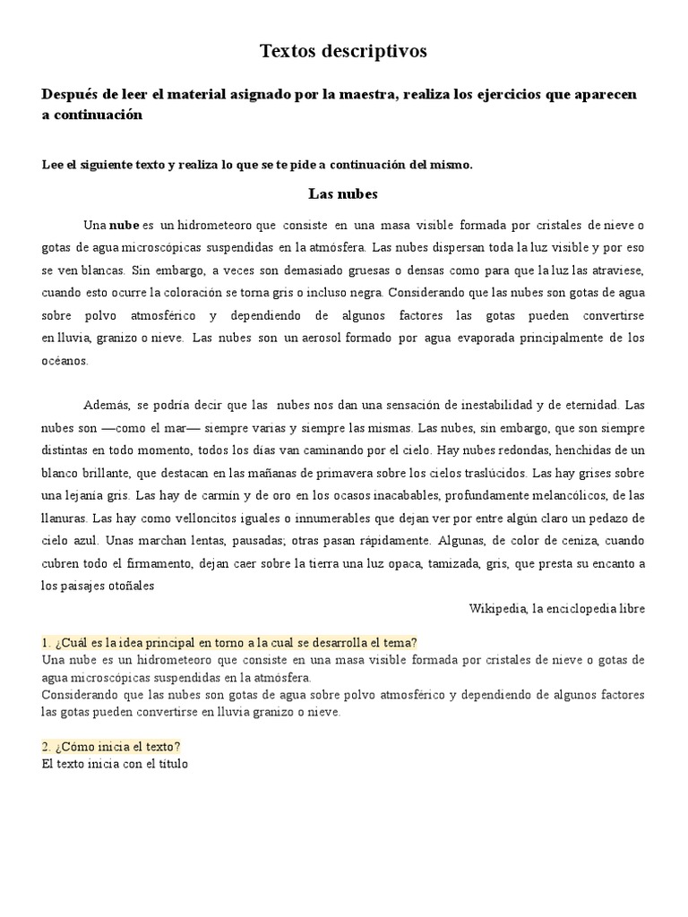 Características de los textos descriptivos | PDF | Nube | Naturaleza